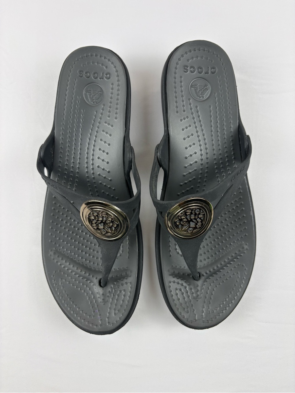 CROCS Sanrah Circle Wedge Flip-Flop Sandals with Gold Medallion Detail